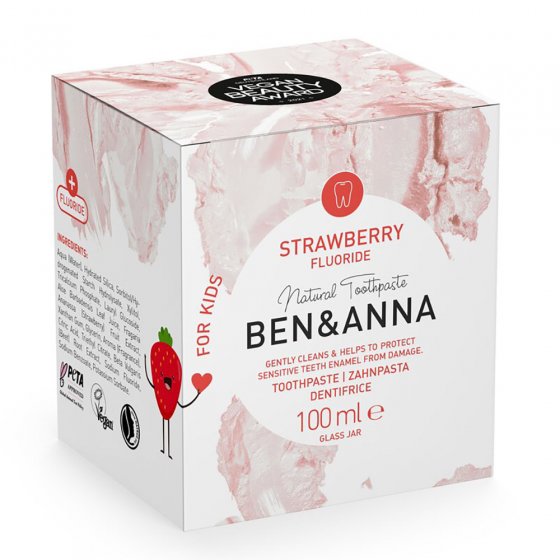Ben & Anna zero waste childrens strawberry flavoured toothpaste on a white background