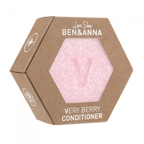 Ben & Anna Very Berry eco-friendly solid hair conditioner bar on a white background