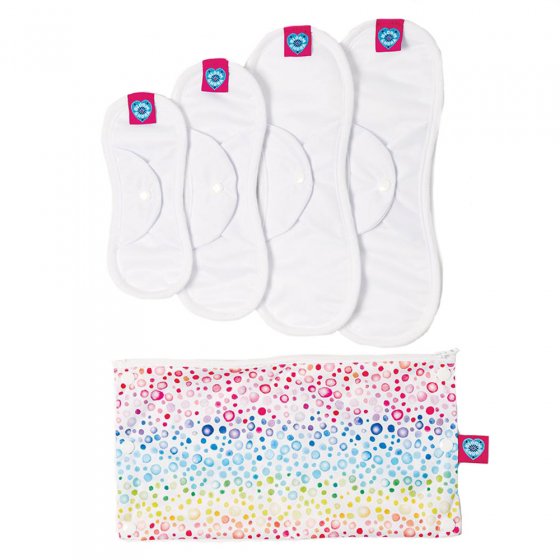 Bloom and Nora white reusable period pad trial kit laid out on a white backgorund