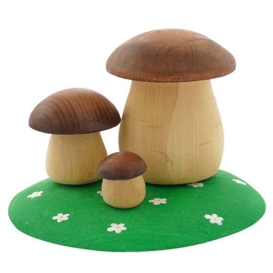 Bumbu handmade wooden mushroom toys on a white background