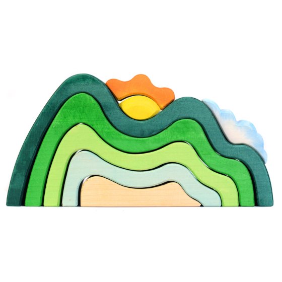 Bumbu eco-friendly handmade wooden stacking mountains cloud and sun toy set on a white background