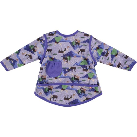 Pop-in Moose purple feeding coverall apron moose and chickens with sleeves, tie back, pocket and crumb catcher on white background