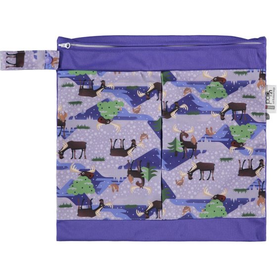 Pop-in Moose purple small tote bag with moose and chickens and zip on white background