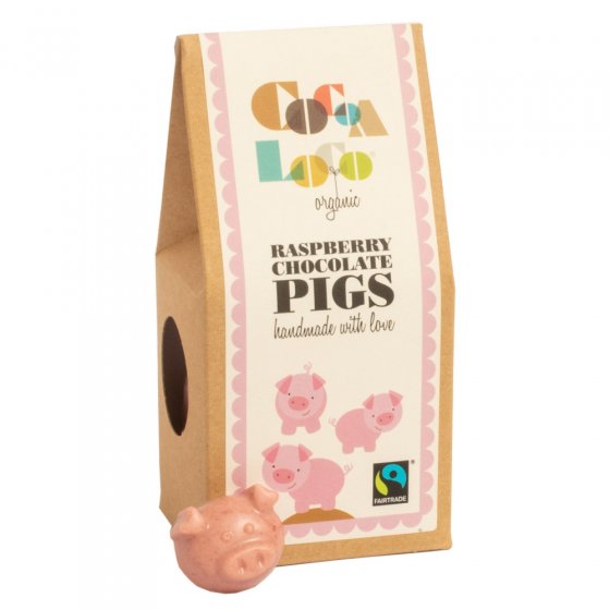 Cocoa Loco eco-friendly fairtrade raspberry pink chocolate pigs on a white background