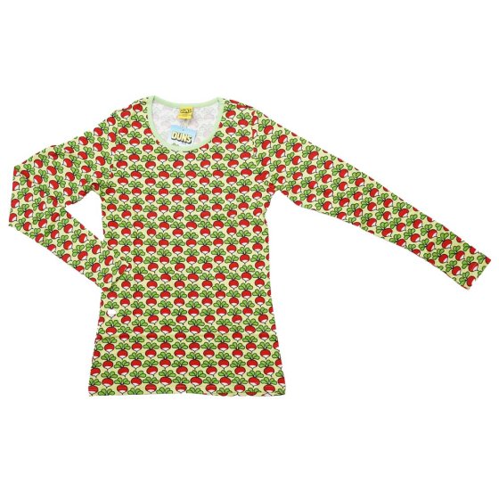 DUNS Sweden adults long sleeve organic cotton top in the paradise green radish print on a white background