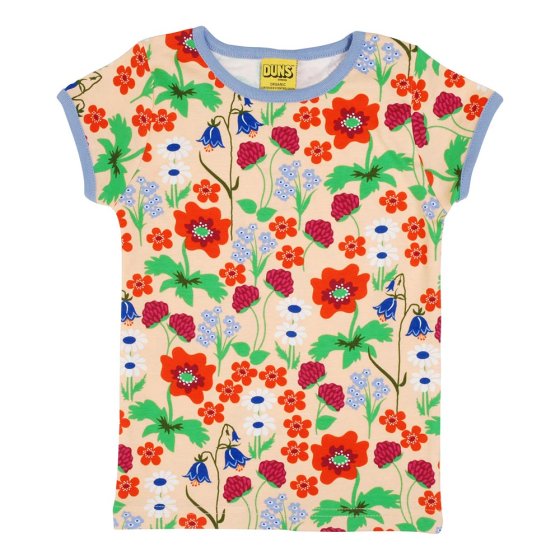 DUNS Sweden childrens apricot summer flowers short sleeve organic cotton top on a white background
