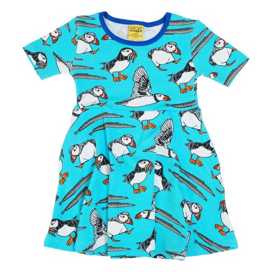 DUNS Sweden childrens short sleeve skater dress in the blue atoll puffin print on a white background