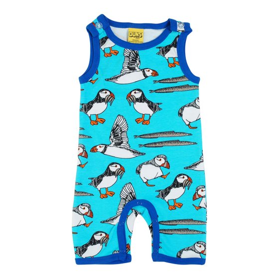 DUNS Sweden childrens organic cotton short dungarees in the blue atoll puffin print on a white background