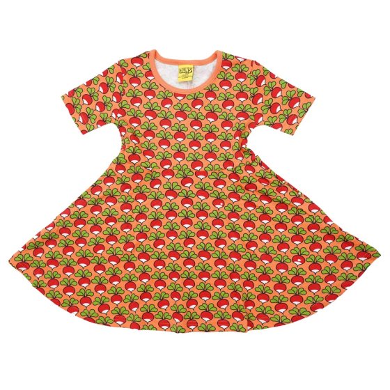 DUNS Sweden childrens short sleeve skater dress in the camelia radish print on a white background