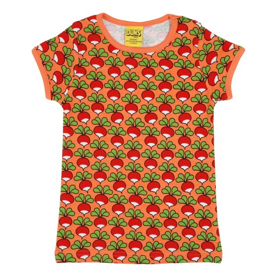 DUNS Sweden childrens camelia radish short sleeve organic cotton top on a white background