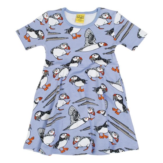 DUNS Sweden childrens short sleeve skater dress in the easter egg puffin print on a white background
