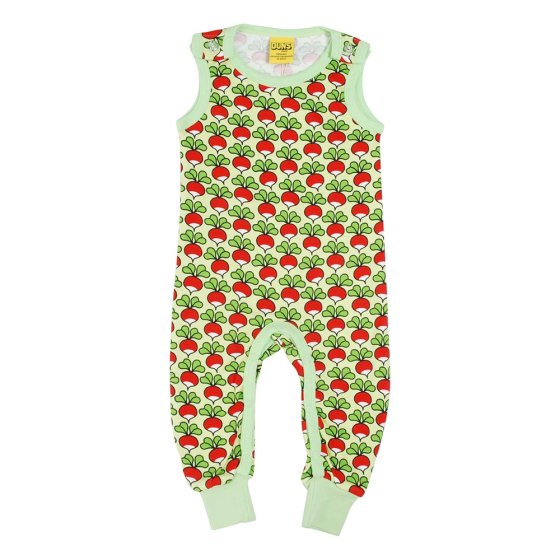 DUNS Sweden childrens organic cotton dungarees in the paradise green radish print on a white background