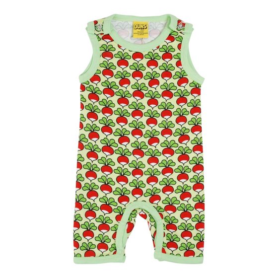 DUNS Sweden childrens organic cotton short dungarees in the paradise green radish print on a white background