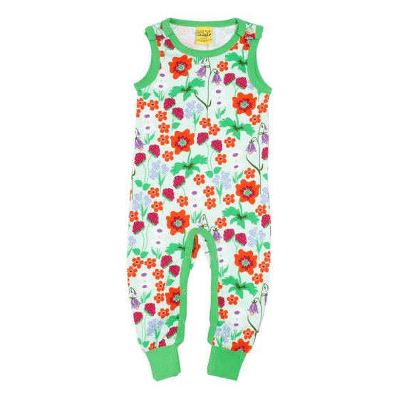 DUNS Sweden childrens organic cotton dungarees in the bay green summer flowers print on a white background