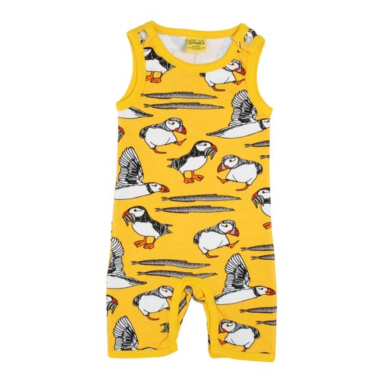 DUNS Sweden childrens organic cotton short dungarees in the lemon chrome puffin print on a white background