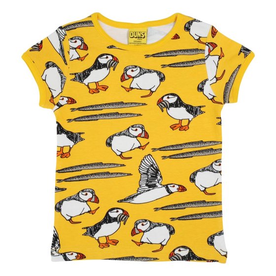 DUNS Sweden childrens lemon chrome puffin short sleeve organic cotton top on a white background