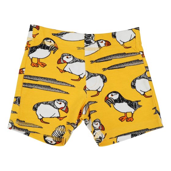 DUNS Sweden childrens organic cotton shorts in the lemon chrome puffin print on a white background