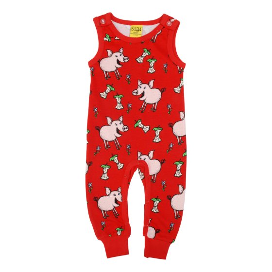 DUNS Sweden organic cotton eco-friendly children's dungarees in the red pigs colour laid out on a white background