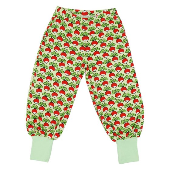 DUNS Sweden childrens organic cotton baggy pants in the paradise green radish print on a white background