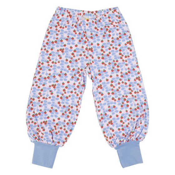 DUNS Sweden childrens organic cotton baggy pants in the purple wild strawberry print on a white background