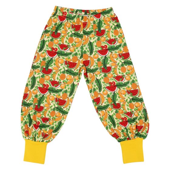 DUNS Sweden childrens organic cotton baggy pants in the tropical print on a white background