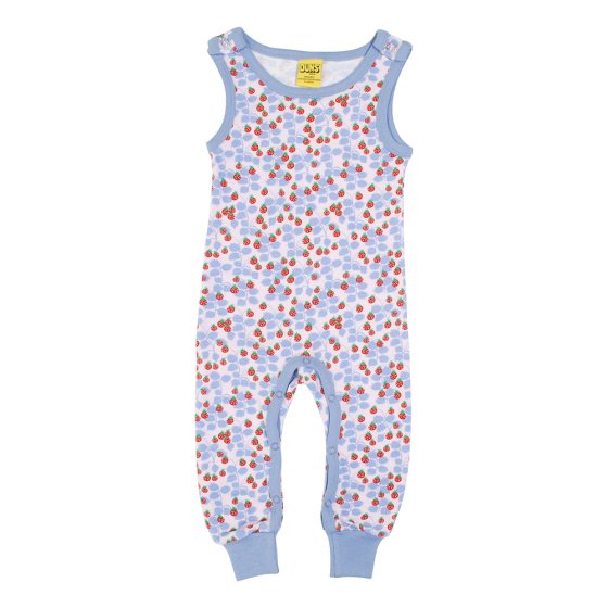 DUNS Sweden childrens purple wild strawberry dungarees on a white background