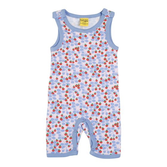 DUNS Sweden childrens organic cotton short dungarees in the purple wild strawberries print on a white background