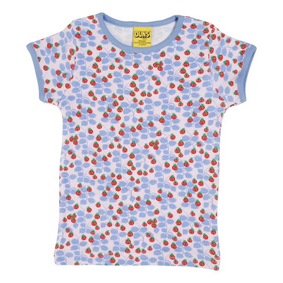 DUNS Sweden childrens purple wild strawberry short sleeve organic cotton top on a white background