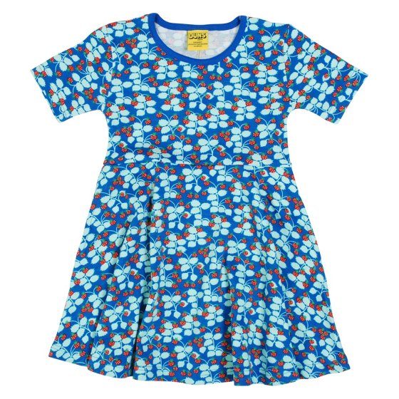 DUNS Sweden childrens short sleeve skater dress in the blue wild strawberries print on a white background