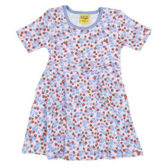 DUNS Sweden childrens short sleeve skater dress in the purple wild strawberries print on a white background