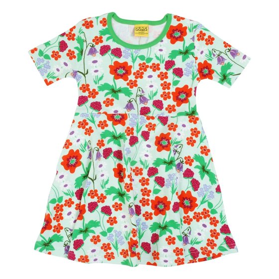DUNS Sweden childrens short sleeve skater dress in the bay green summer flowers print on a white background