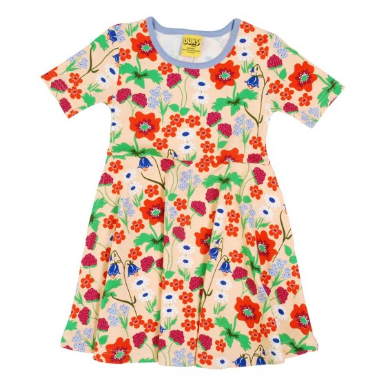 DUNS Sweden childrens short sleeve skater dress in the bleached apricot summer flowers print on a white background