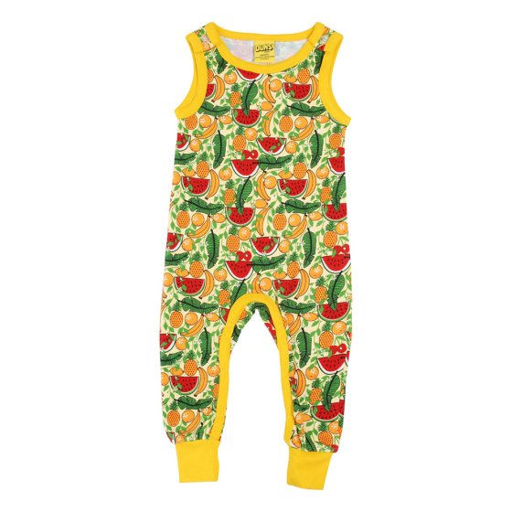 DUNS Sweden childrens organic cotton dungarees in the tropical print on a white background