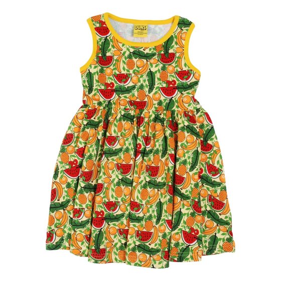 DUNS Sweden childrens sleeveless gather skirt dress in the tropical print on a white background