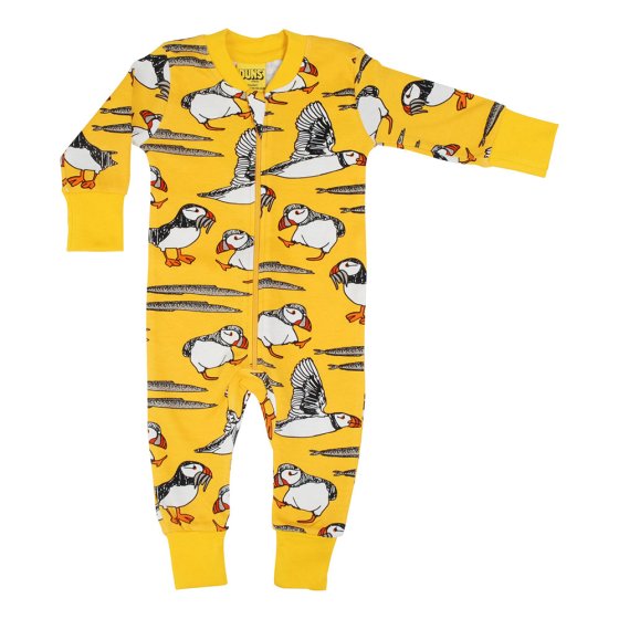 DUNS Sweden childrens organic cotton zip suit in the lemon chrome puffin print on a white background