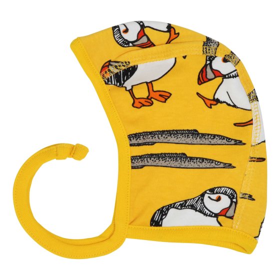 DUNS Sweden childrens organic cotton bonnet hat in the lemon chrome puffin print on a white background