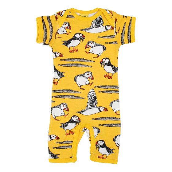 DUNS Sweden childrens organic cotton shortie playsuit in the lemon chrome puffin print on a white background