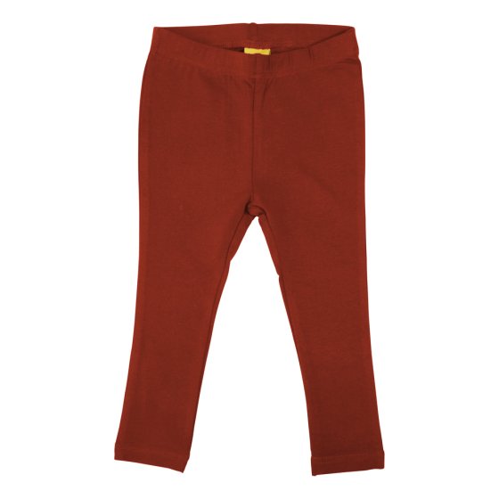 DUNS more than a fling organic childrens leggings in the brick red colour on a white background