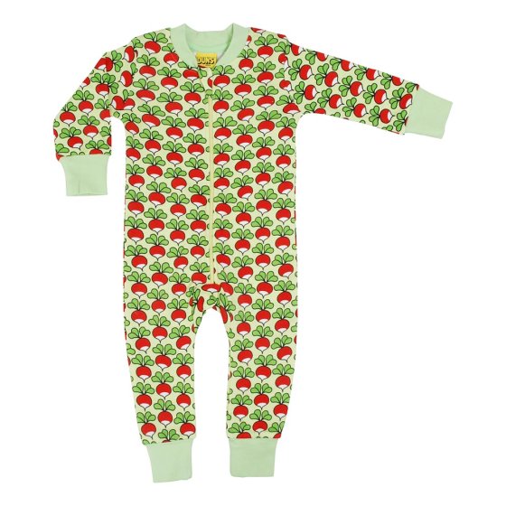 DUNS Sweden childrens organic cotton zip suit in the paradise green radish print on a white background