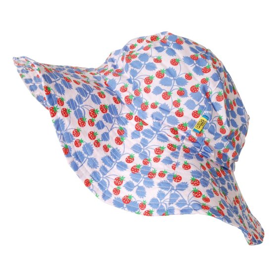 DUNS Sweden childrens organic cotton sunhat in the purple wild strawberries print on a white background