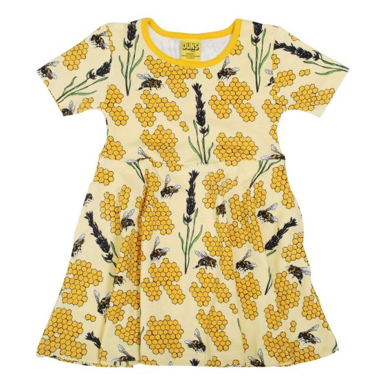 DUNS Sweden childrens organic cotton short sleeve skater dress in the bee yellow print on a white background