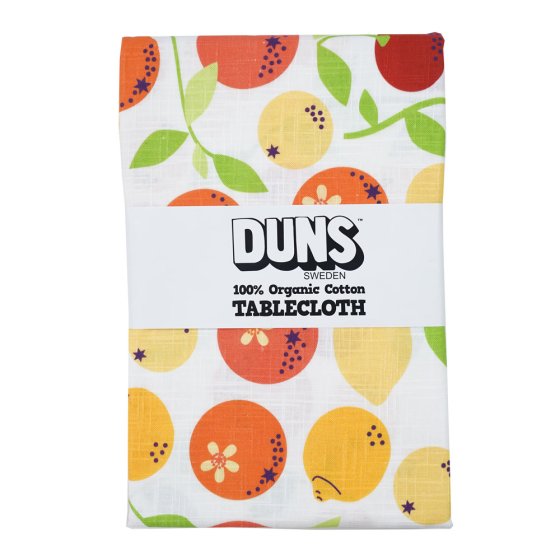 DUNS Sweden organic cotton tablecloth in the citrus print on a white background