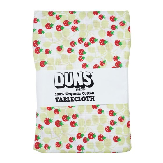 DUNS Sweden organic cotton tablecloth in the wild strawberries paradise green print on a white background
