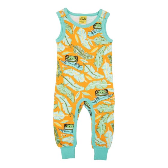 DUNS Sweden childrens organic cotton dungarees in the frog orange print on a white background
