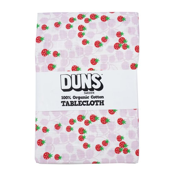 DUNS Sweden organic cotton tablecloth in the wild strawberries lavender print on a white background