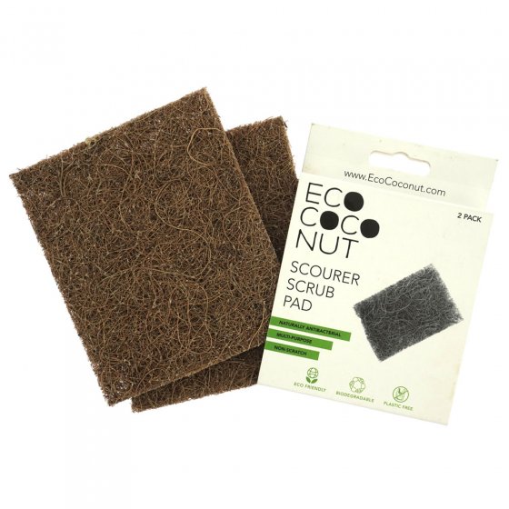 Eco Coconut non-scratch plastic free scourer pads on a white background next to its white packaging
