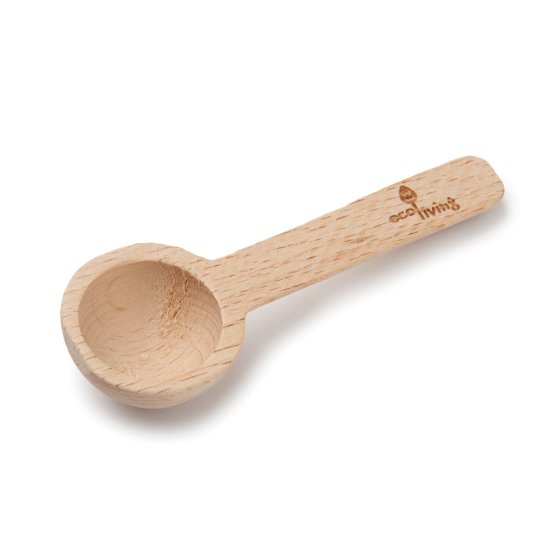 Eco living small eco-friendly wooden coffee measure scoop on a white background