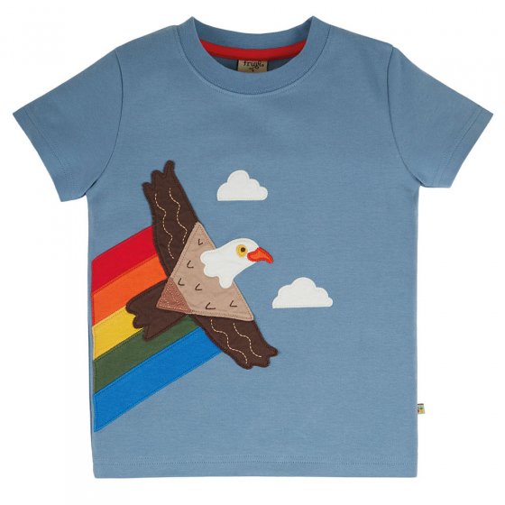 Eco-friendly Frugi childrens carsen applique tshirt in the abisko sky and eagle print on a white background