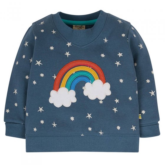Frugi childrens abisko stars and rainbow easy on jumper on a white background
