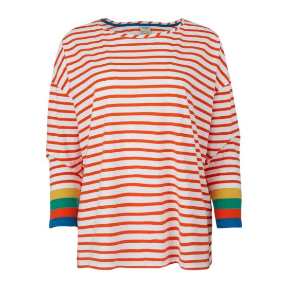 Frugi adults cordelia red striped boxy fit top on a white background